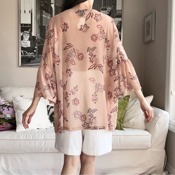 NWT Love and Legend nude mesh top with floral print and bell sleeves. - Picture 5 of 14